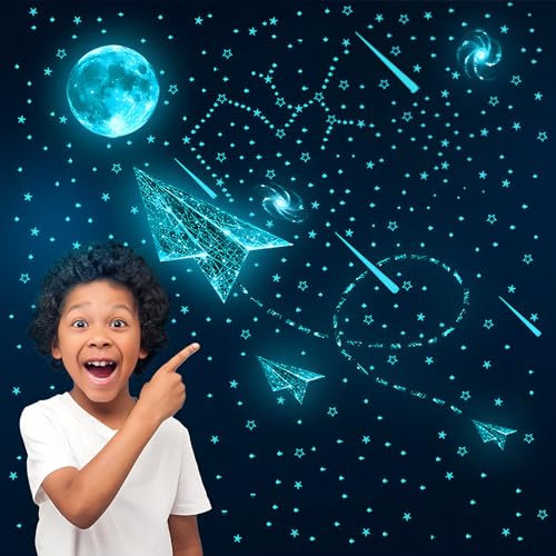 KAMEUN Weltraumthema Leuchtsterne Kinderzimmer, Leuchtsterne Selbstklebend, Sternenhimmel Aufkleber Kinderzimmer Wandsticker, Leuchtaufkleber Babyzimmer Deko Wanddeko Aufkleber (B)