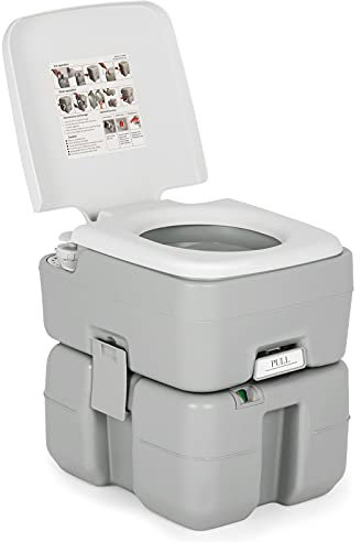 GOPLUS 20L Tragbare Toilette, Mobile Toilette bis 200kg mit Wassertank, Wasserstandsanzeige, Druckbeaufschlagte Kolbenpumpen, Abflussrohr, Campingtoilette auslaufsicher für Camping Angeln Wandern