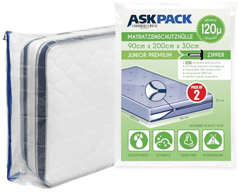 ASK Pack 2 Matratzenschutzhüllen mit Anker-Reißverschluss - Größen von XS bis XXL, Wasserdicht, Reißfest, Ultra Starkes Material 120 Mikron - Ideal für Umzug, Lagerung und Transport - 90x200 cm