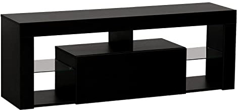 Happy Garden Meuble TV Daryl Noir avec Bande LED. Meuble Bas Style Contemporain pour télévision et Console de Jeux. Meuble 140cm avec Compartiment fermé et étagères.