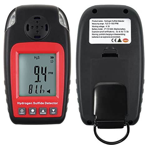 H2S Monitor digital H2S Monitor Clip On 0~100ppm H2S Detector de gas con zumbador e indicador rojo alarma, retroiluminación LCD, detector de sulfuro de hidrógeno pantalla h2s & °C/° F temperatura para
