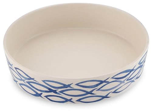 Beco Katzennapf – Futter- und Wassernapf, umweltfreundlich, robuster Bambus, Ozeanwellen-Druck, 13,5 cm Durchmesser, Blau und Weiß