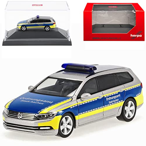 Volkwagen Passat B8 Variant Kombi Ordnungsamt Stadt Aachen Ab 2014 mit Sockel und Vitrine H0 1/87 Herpa Modell Auto mit individiuellem Wunschkennzeichen