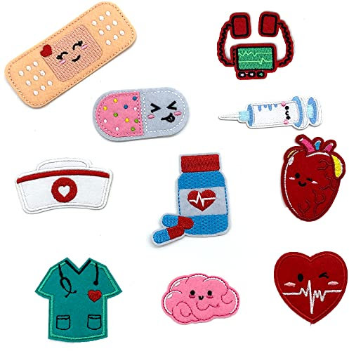 DHER Bestickter Stoffaufnäher Patches Zum Aufbügeln Bügelbilder Aufnäher Bestickte Aufnäher 10 Stück Cartoon medizinische Versorgung bestickt Stoff Patch, Cartoon Herz Niedliche Form Patch