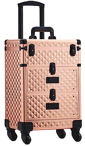 Warmiehomy Beauty Trolley Professional Makeup Case with 2 Drawers, Lockable Vanity Case Hairdressing Trolley, Nail Polish Storage, Rose Gold