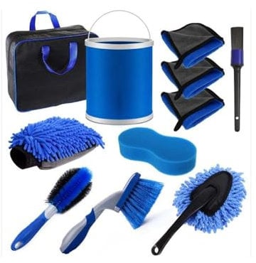 KUNDS 11 Pcs Car Cleaning Washing Kit Car Accessories - Car Wash Bag Cleaner Set for Car Cleaning Wheel Washing Polishing Tool Bag with Detailing Brush and Cleaning Equipment (11pcs)