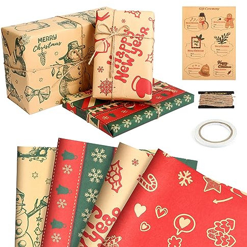 Kesote 4 Fogli Carta Regalo Natale 70x50cm, Carta Kraft con Adesivo Natalizio Nastro Biadesivo Spago da 5 metri