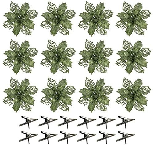 Algado 12 Pezzi di Fiori Artificiali di Stella di Natale Glitterata con Clip, Decorazioni di Fiori di Natale di Stella di Natale da 6,7 ​​pollici, Ornamenti per Albero di Natale di Stella di(Verde)