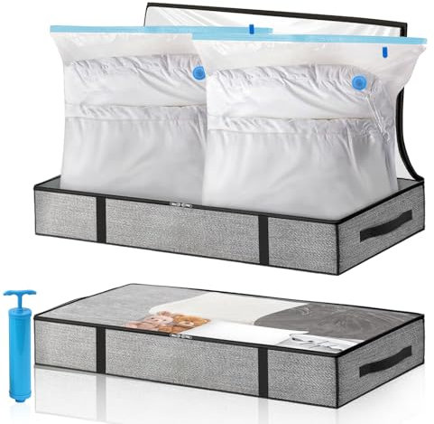 Vakuum Aufbewahrungstasche Große Kapazität, Aufbewahrungs Set – 2 Vakuumbeutel, 2 Aufbewahrungsbox Kleideraufbewahrung mit Deckel, 1 Handpumpe für Kleidung Bettdecken Bettwäsche Kissen