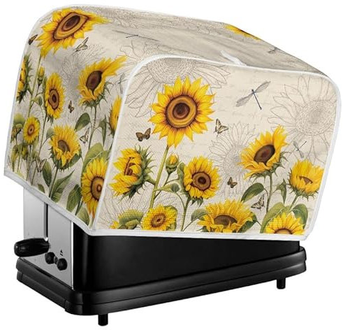 Kuiaobaty Yellow Sunflowers Toaster Covers 4 Slice Protective Cover for Bread Machine, Sunflower Dragonfly Toaster Bags with Hook