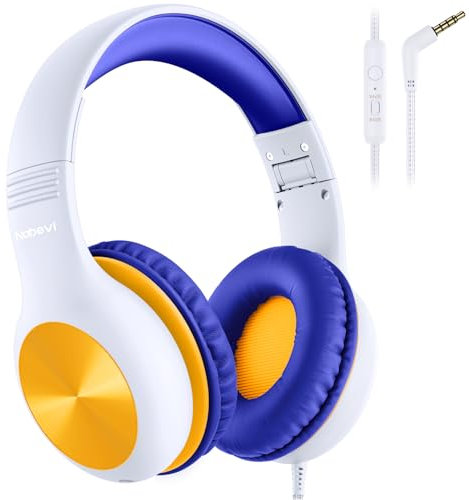 Nabevi Kopfhörer Kinder, Kinder Kopfhörer mit Kabel, 85/94dB Lautstärkegrenze, HD-Stereoton, Sharing-Funktion, Faltbare Over-Ear Kinderkopfhörer mit Mikrofon für Schule/Reise/Tablet/iPad, Weiß Orange