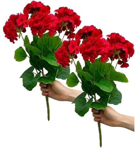 LEMCC 2 Stück 13,8 Zoll Künstlicher Geranienstrauch, Künstliche Geranien-Seidenblumen, UV-beständig, Outdoor-Pflanzengeranien für Florale Heimdekoration, Innengarten, Terrasse, Grab, Friedhof,(Rot)