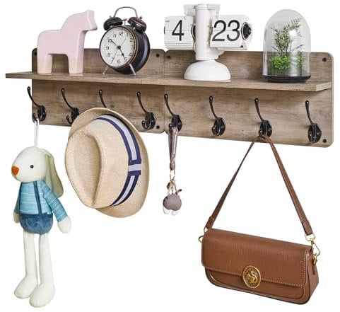 YMYNY Coat Rack Shelf Wall Mounted, Wooden Coat Hooks Set of 2, Entryway Coat Hanger with 8 Hooks,80cm L Floating Shelves, Key Holder, for Bedroom, Bathroom, Living Room, Silver Gray HWS006Y-2