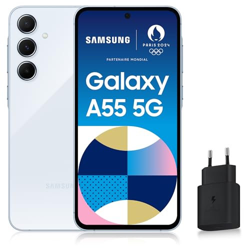 Samsung Galaxy A55 5G, Smartphone Android, 128 Go, Chargeur Secteur Rapide 25W Inclus [Exclusivité Amazon], Smartphone déverrouillé, Bleu, Version FR
