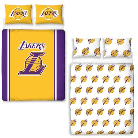 NBA Offizielles Bettwäsche-Set für Doppelbett, Los Angeles Lakers-Design, wendbarer 2-seitiger Bettbezug, offizielles Basketball-Merchandise-Produkt, inklusive passenden Kissenbezügen, Doppelbett-Set,