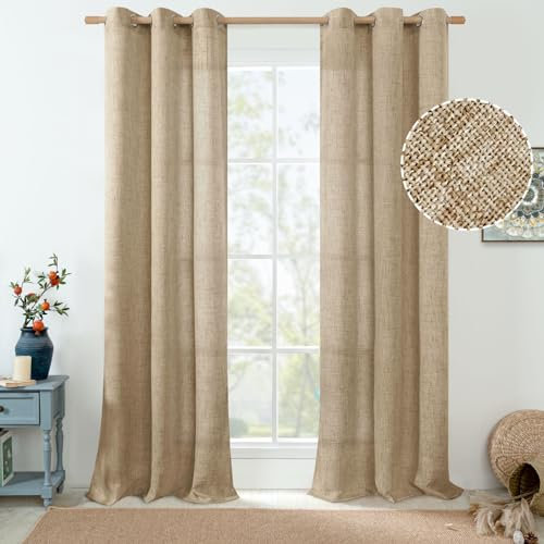 QUEMAS Toffee Lot de 2 Rideaux en Lin pour Salon/Chambre à Coucher – Rideaux de Campagne texturés en Toile de Jute épaisse, filtrant la lumière, Non Transparents à œillets, 106 cm de Large chacun
