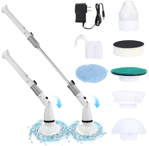 Calager Electric Spin Scrubber,Cordless Electric Cleaning Brush with 4 Replaceable Brush Heads,Extension Handle,Battery Powered Shower Cleaner Brush Power Scrubber for Bathroom Kitchen Floor (Grey)