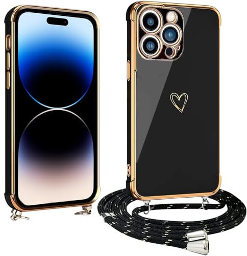 vumebao Funda para iPhone 14 Pro MAX con Cuerda, Anti-Choque Anti-Arañazos Carcasa Silicona Case con Ajustable Correa Colgante Suave TPU Silicona Compatible con iPhone 14 Pro MAX Funda-Negro