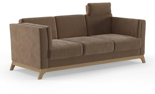 Cavadore 3er-Sofa Vida / 3-Sitzer Couch im trendigen Design mit massivem Holzrahmen in Buche, Kopfstütze mit Kuschelkissen / 213 x 84 x 93 / Mikrofaser, Hellbraun