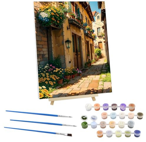 EOBROMD Peinture au Numero Adulte Allée, Kit de Peinture à l'huile sur Toile Bricolage avec Cadre en Bois et Chevalet, Fleurs Peinture Sans Plis Toile pour Décoration de la Maison 30x40cm