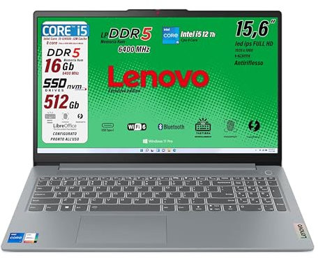Lenovo, pc portatile, i5 12450H 8 Core, Ram DDR5 16Gb, Display IPS FHD 15,6, SSD 512Gb, Wi-Fi, Bt, USB, Thunderbolt 4.0, Tastiera retroilluminata, fingeprint integrato, Win11 Pro, Pronto all'Uso