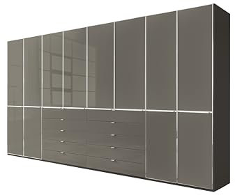 WIEMANN Drehtürenschrank mit 10 Schubkästen hochwertiger Kleiderschrank Schlafzimmerschrank 400cm breit, mit Schubladen, Glas Havanna, Höhe 236cm, Shanghai