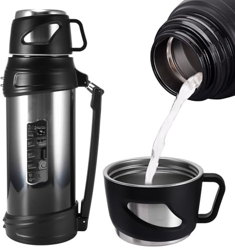 Flasks for Hot Drinks, 2L Stainless Steel Hot Water Bottle Thermos Flask with Cup, Large Thermos Vacuum Metal Flasks Coffee Thermos Camping Flask BPA Free for Hot and Cold Drinks, Keep Hot 24hours