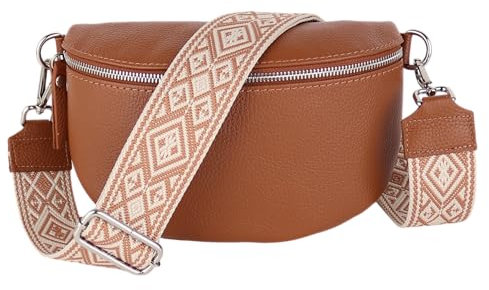 MIRROSI® Bauchtasche Damen, Echtleder, Made in Italy, Umhängetasche, Brusttasche, Crossbody Bag (1 Tasche & 2 Gurte) (Braun (Karo), Große Tasche (28x18x9cm))