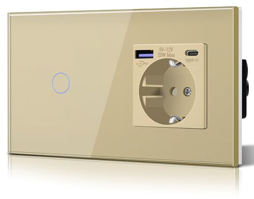 BSEED Enchufe Doble Pared con 20W USB y Tipo C,Enchufe USB C de Cristal,Carga Rápida,3 en 1,Fácil Instalación,1 Gang 1 Vía,157mm Oro