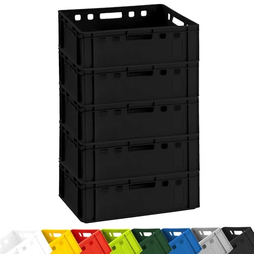 BURI 5x Fleischkiste E2 Metzgerkiste 60x40x20cm lebensmittelecht, robust, stapelbar - Universal Lagerkiste Eurobox aus Deutschland Schwarz