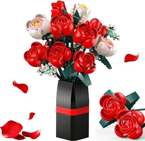 Rose Flowers Bouquet Building Blocks Set, 841 PCS Home or Office Artificial Decor Plant Building Kits with Vase, for Kids Birthday Adults Her or Him, Valentine's Day, Mother's Day