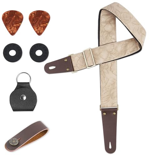 Czzmy Gitarrengurt, Verstellbarer Gitarren-Gurt Gitarrenband Guitar Strap mit Lederenden Plektrum Knöpfe Gitarrenhals Gurt für E-Gitarre Akustikgitarre Bass(1-Weiß geschnitzt)