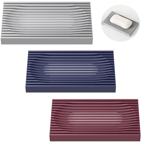 mercham 3 Color Silicone Soap Dish with Self-emptying Drainage, Bar Soap Holder for Kitchen Shower Room Bathroom, Soap Saver Dishes, Easy Cleaning & Non-Slip (Grey, Blue, Burgundy)