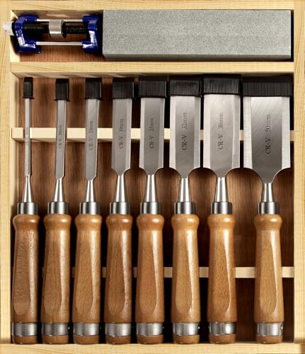 10 Pieces Wood Chisel Set, 1/4~2 Woodworking Chisel Kit with Sharp CR-V 60 Steel Blades, Wooden Box, Honing Guide, Sharpening Stone for Carpenter Craftsman Woodworker