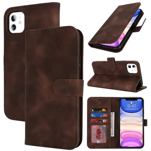 Zouzt Hülle für iPhone 11 6,1-Zoll, Stoßfestes PU Leder Handyhülle Lederhülle Klapphülle mit Kartenhalter und Standfunktion Flip Leather Wallet Phone Cover (Vintage Dunkelbraun)