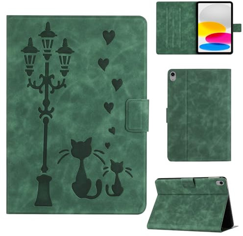 Rosbtib Custodia per iPad 11 Generazione (A16 2025 11) / iPad 10 Generazione (2022 10.9) Custodia protettiva in ecopelle con supporto, stampa di una coppia di gatti sotto il lampione, Verde