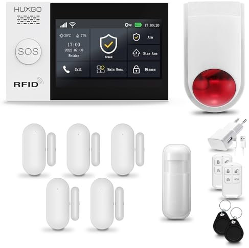 HUXGO® HXA007 Funk Alarmanlage Set WiFi + GSM mit Alarmsirene | Alarm System mit Bewegungsmelder, 5X Fensteralarm/Türsensoren | Alarmanlage fürs Haus, Wohnung, Wohnmobil | Smart Home