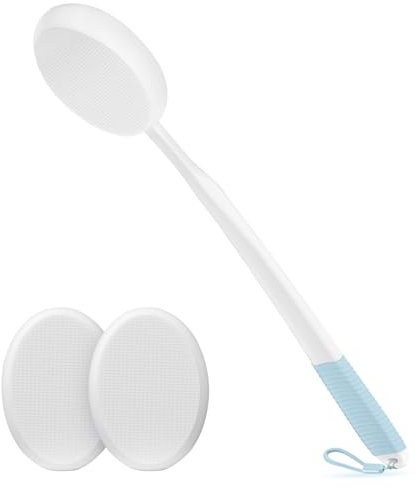 19 Zoll Eincremehilfe für den Rücken – Lotionapplikator mit langem, langer weißer Griff mit blauem rutschfestem Halt & 3 waschbaren weißen Pads, geeignet für alle Altersgruppen