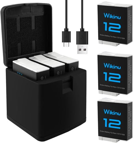 Wikinu Akku-Ladegerät-Kits für GoPro Hero 12 11 10 9 Schwarz, 3-Pack 2000mAh Ersatzakkus + Triple Charge Case mit Type-C Ladekabel für Go Pro 12 11 10 9 Akkus Zubehör 3-Pack