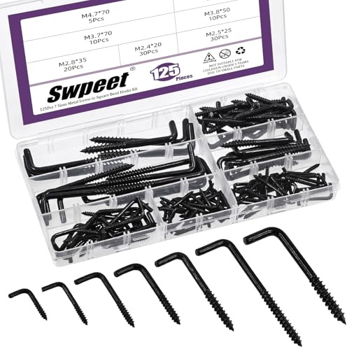 Swpeet 125 pezzi 7 misure Kit di ganci a forma di quadrato in metallo nero con vite, ganci a forma di quadrato a forma di L autoavvitanti di tipo L per cornici per foto ad angolo retto per casa