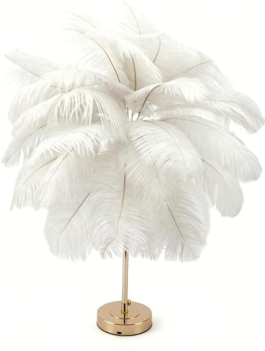 Creative White Ostrich Feather Table Lamp Bedside Lamp Light Luxury and Elegant Lampshade Night Light Table Lighting for Living Room Bedroom Home Decoration, Plug-in