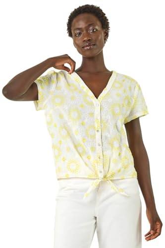 Roman Women Broderie Anglaise Tie Front Top Ladies Floral Crochet Embroidered Blouse Smart Casual Button Down Summer T-Shirt Tee Spring Cruise Beach Holiday Party - Yellow - Size 14