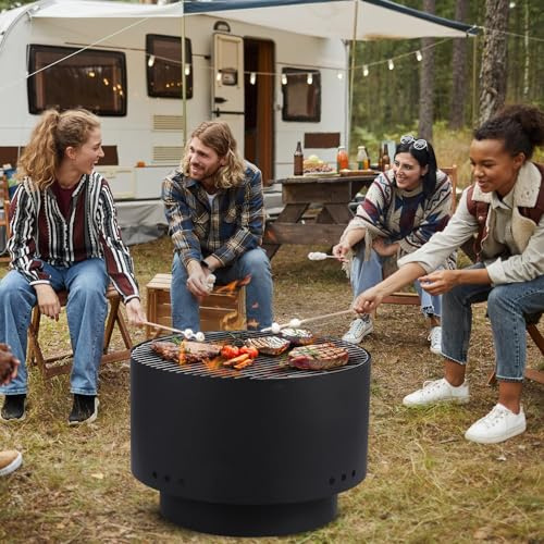 Feuerschale mit Grillrost, Ø60cm Feuerkorb mit Funkenschutz, Groß Feuertonne für den Garten mit Schürhaken & Tragetasche, Solide Holz & Kohle Feuerstelle inkl. für Outdoor BBQ Heizung 66x66x60cm