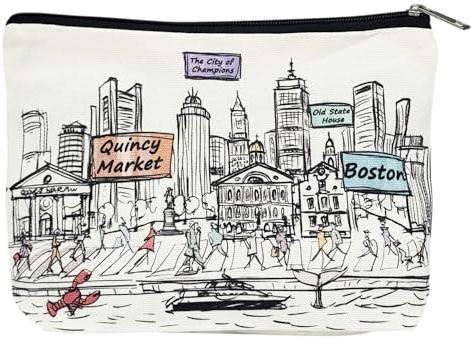 Beary Blu Cities Around the World Cosmetic Bag Series – Designed in USA, Travel Makeup Bag with Zipper, Souvenir Gift for Women, Cute City Artwork Organizer for Purse or Toiletry (Boston)