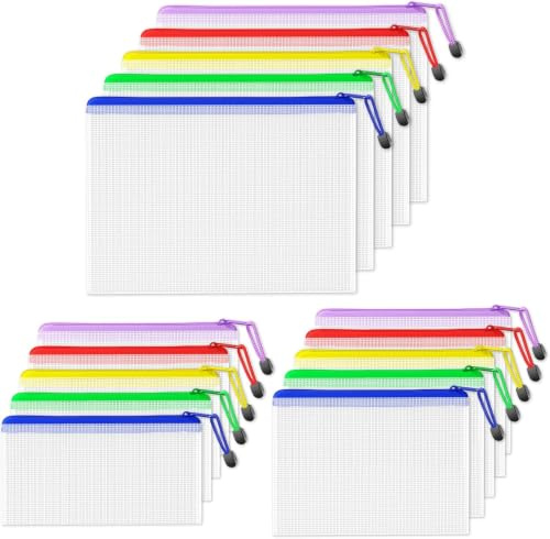 SUNEE Dokumententasche A4L+A5+A6, 15 Stück Wasserdichte Mesh Dokumententaschen mit Reißverschluss in 5 Farben, Kunststoff Datei Taschen für Bürobedarf, Schule, Haushalt & Reisen