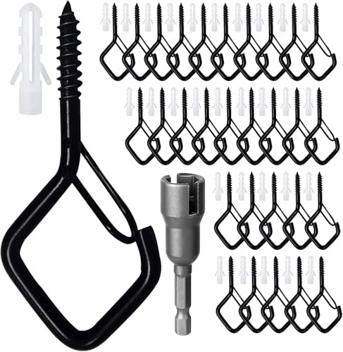 Ticway 30 Piece Black Screw Hooks, Wall Hooks and Ceiling Hooks with Safety Lock, Screw Hook Set for Plants, Flower Pots and Decoration