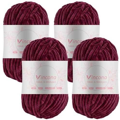 Vincona 4 x 100g Chenille Wolle zum Häkeln - Kuschelig und hautfreundlich，Garn zum Stricken und Häkeln - 100% Polyester – 4 x 120 m – Nadelstärke 5-6 Weinrot