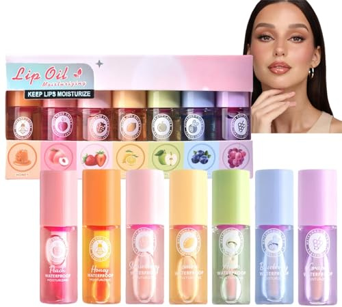 Hydrating Lip Oil Set,7PC Color Changing Lipgloss & Lip Stain Kit,Extreme Lip Plumper with Long Lasting Lipstick & Lip Liner,Waterproof Lip Tint in Red and Pink Shades,Moisturizing Lip Makeup Gift