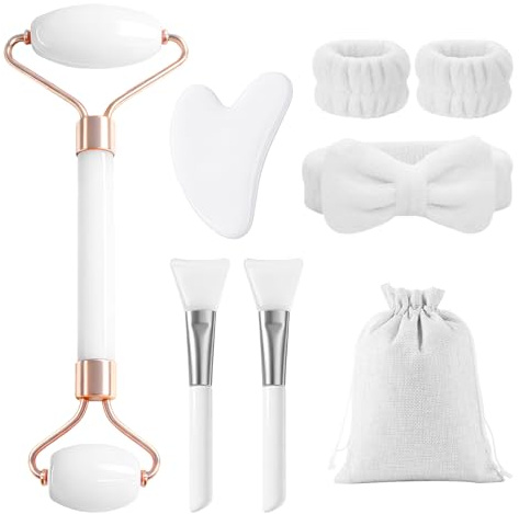 Flintronic Gua Sha Stein und Gesichtsroller, 8 Stück Gesichtsmassage Stein Set, Guasha Set Beauty Massager, Geschenk für Frauen, Jade Roller Gesicht für Augenschwellungen Routine Skincare