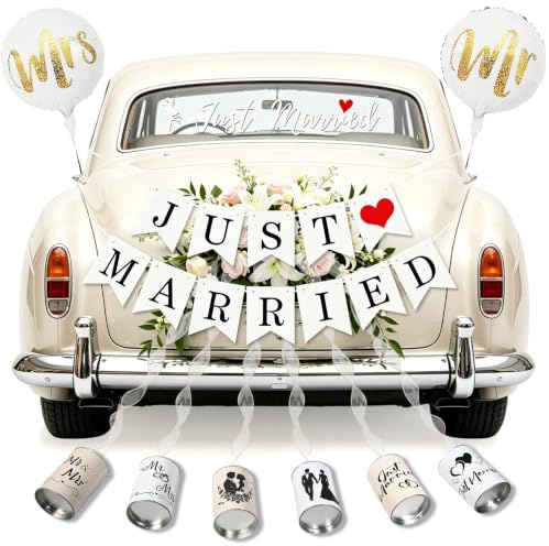 Autoschmuck Hochzeit Heck, 13er Just Married Hochzeitsdeko Set, Auto Blechdosen Hochzeit, Just Married Banner, 900cm Tüllband für Hochzeits, Hochzeitsdeko Auto außen, Hochzeitsschmuck Auto